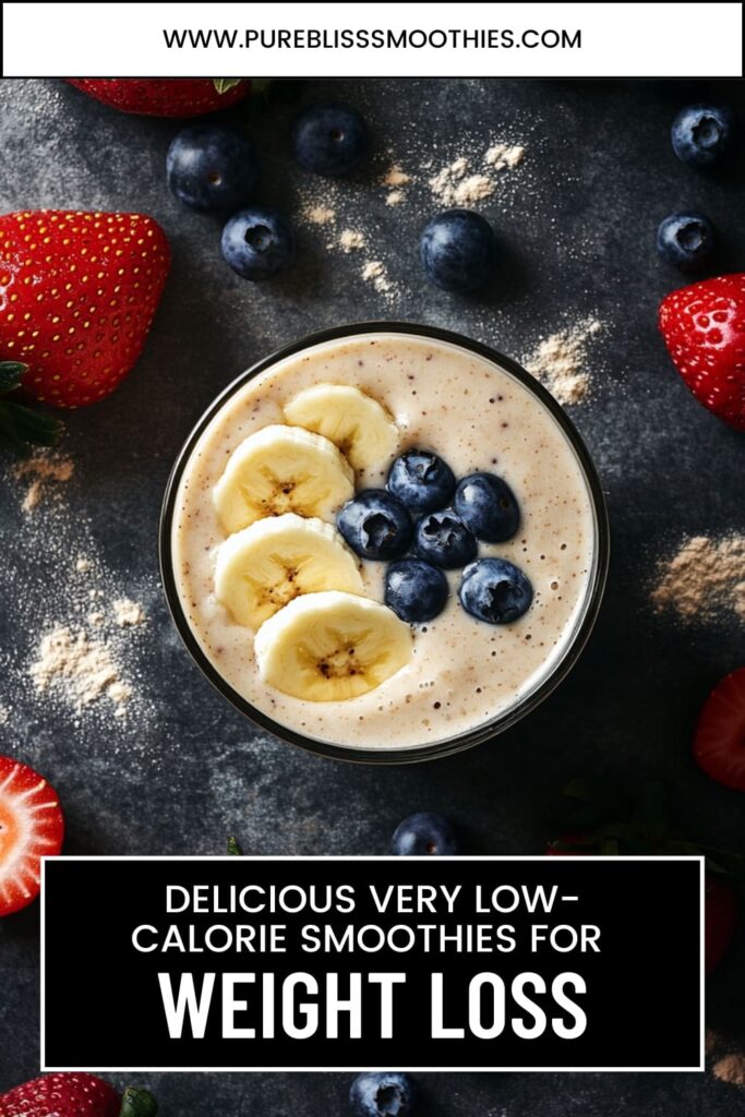 Pinterest pin featuring a top view of a creamy smoothie topped with banana slices and blueberries, surrounded by strawberries and blueberries. The text overlay reads 'Delicious Very Low-Calorie Smoothies for Weight Loss' with the website URL 'www.pureblisssmoothies.com' at the top, promoting healthy and nutritious smoothie recipes perfect for weight loss.