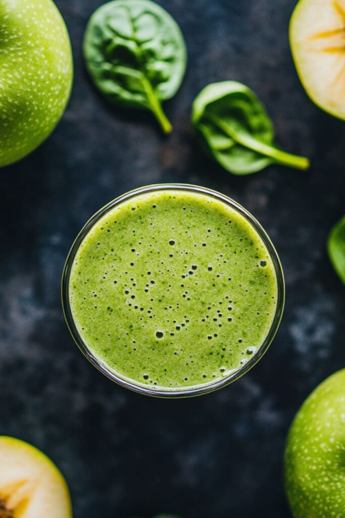 Refreshing green smoothie from sweet smoothie recipes, made with vibrant ingredients like spinach and green apples, offering a nutrient-packed and energizing blend, with fresh spinach leaves and apple halves scattered in the background.