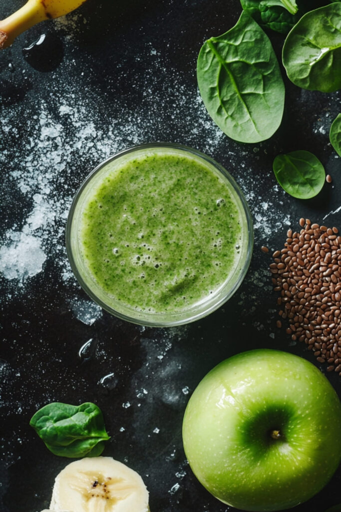 Fresh green smoothie made with spinach, green apple, banana, and flaxseeds, providing a nutritious and refreshing breakfast smoothie for weight loss.