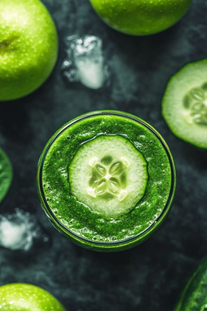 Top view of a vibrant green detox smoothie topped with a fresh cucumber slice. Surrounded by green apples, cucumber slices, and ice, this healthy, very low-calorie smoothie is packed with refreshing ingredients, perfect for a detox and weight loss.