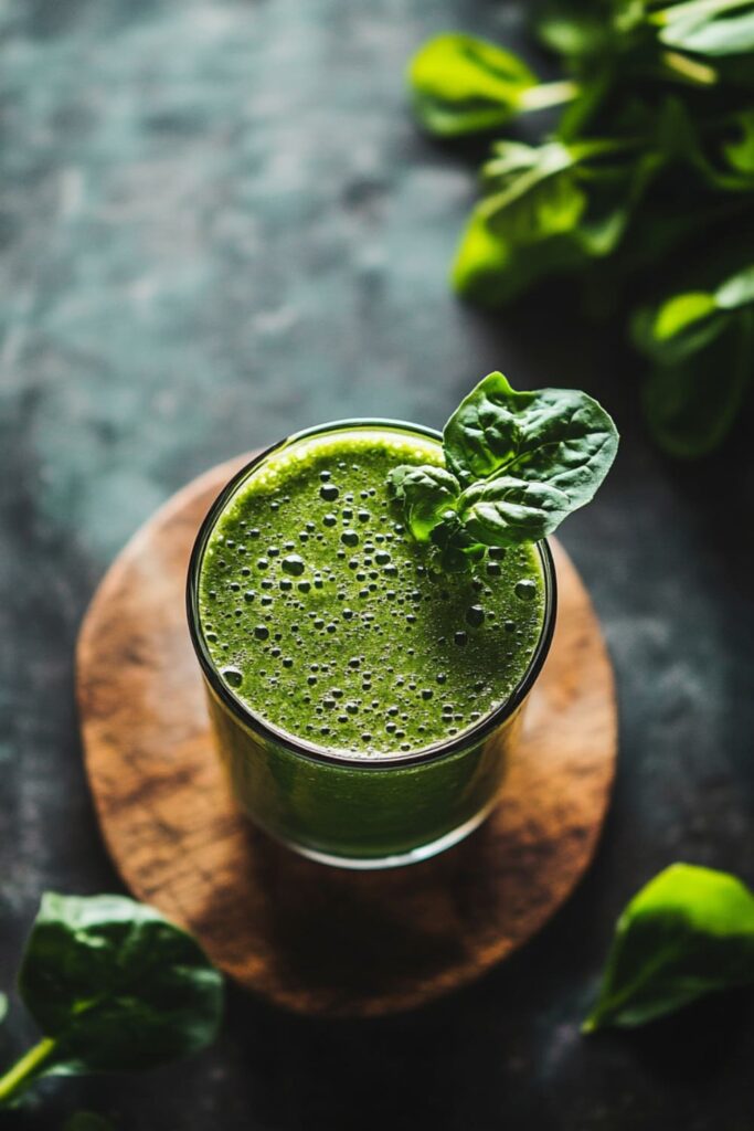 Close-up of a vibrant green smoothie served in a clear glass, garnished with a fresh spinach leaf. The smoothie has a smooth, creamy texture with tiny air bubbles visible on the surface. The background is dark and rustic, with a wooden coaster under the glass and a few spinach leaves scattered around, enhancing the fresh, healthy vibe of the drink. This green smoothie is likely packed with nutrient-rich ingredients, making it an ideal choice for a low sugar vegan smoothie drink.