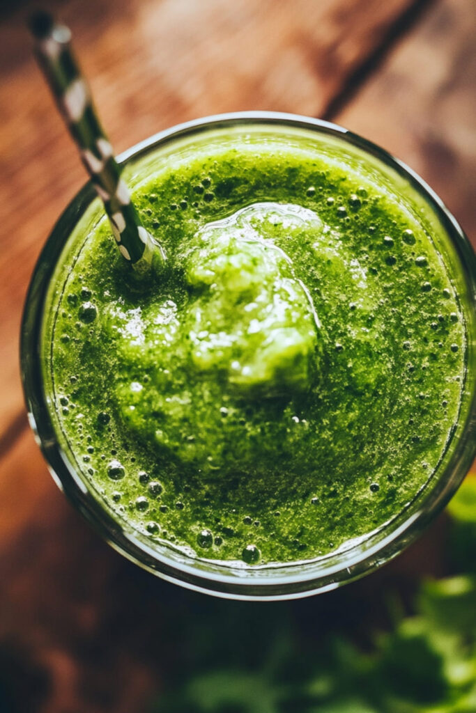 Top-down view of a vibrant green smoothie in a glass with a striped straw, featuring a creamy texture and fresh bubbles on the surface. The smoothie, made with leafy greens, has a rich, healthy green color, perfect for a refreshing and nutritious-