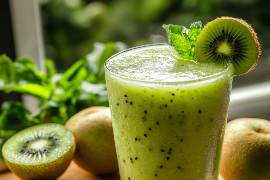 Bright green Kiwi Smoothie topped with a kiwi slice and fresh mint, set against a backdrop of whole and sliced kiwis, with a lush, green background. The smoothie looks refreshing and vibrant.