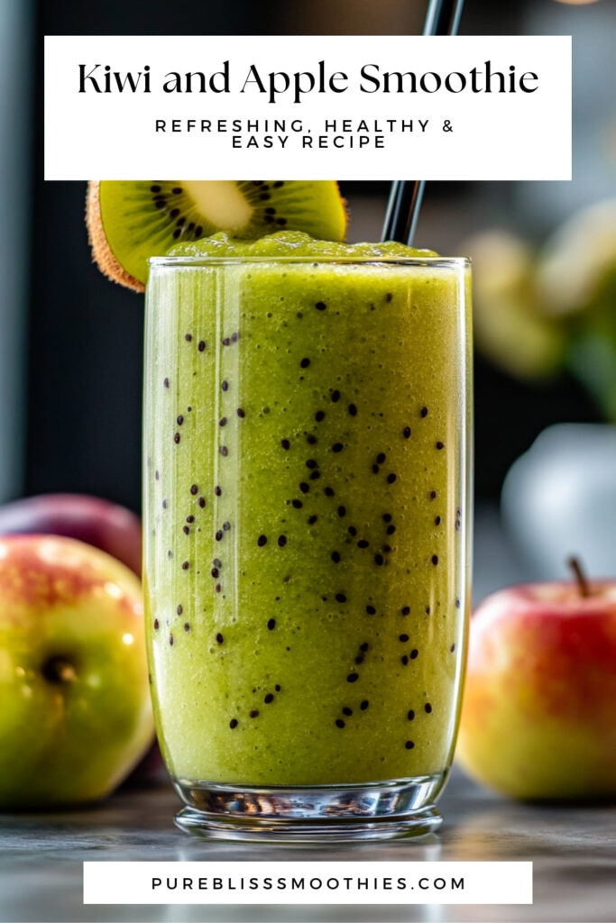 Glass of vibrant green Kiwi and Apple Smoothie garnished with a slice of kiwi, surrounded by fresh apples. Caption reads: 'Kiwi and Apple Smoothie - Refreshing, Healthy & Easy Recipe' from PureBlissSmoothies.com.