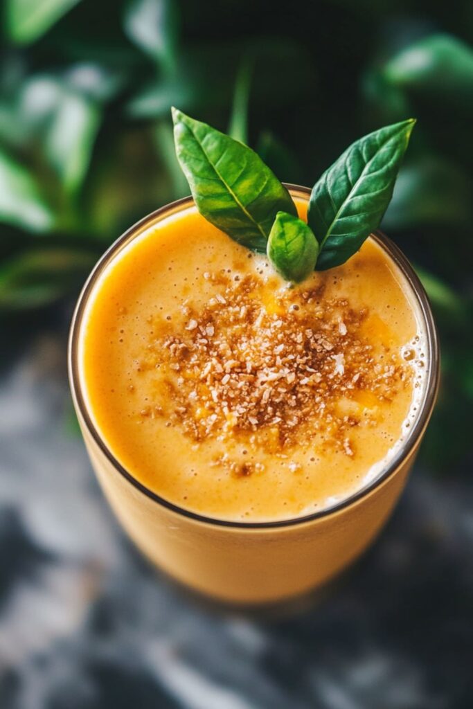 Tropical Mango Coconut Dream Smoothie Topped with Toasted Coconut and Fresh Mint – A Creamy and Refreshing Vegan Smoothie Recipe Bursting with Exotic Flavors