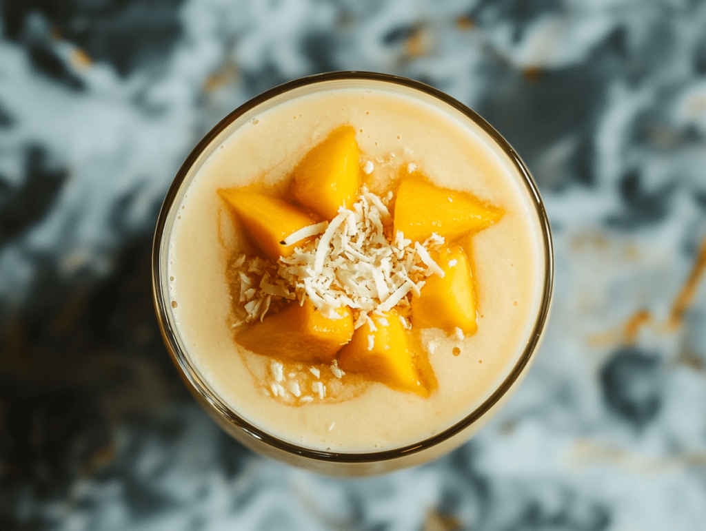 Top view of a creamy mango coconut milk smoothie, beautifully garnished with fresh mango chunks and a sprinkle of shredded coconut, offering a refreshing tropical treat.