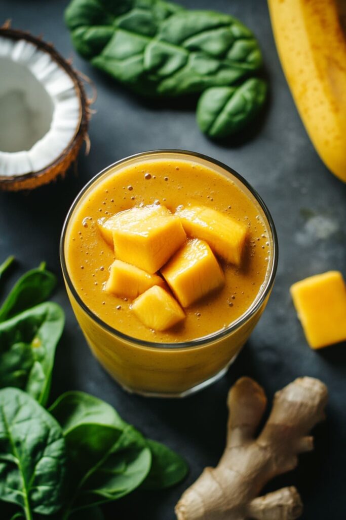 Bright and refreshing mango ginger smoothie topped with fresh mango chunks, surrounded by spinach, coconut, and ginger, offering a flavorful and nutritious breakfast smoothie for weight loss.