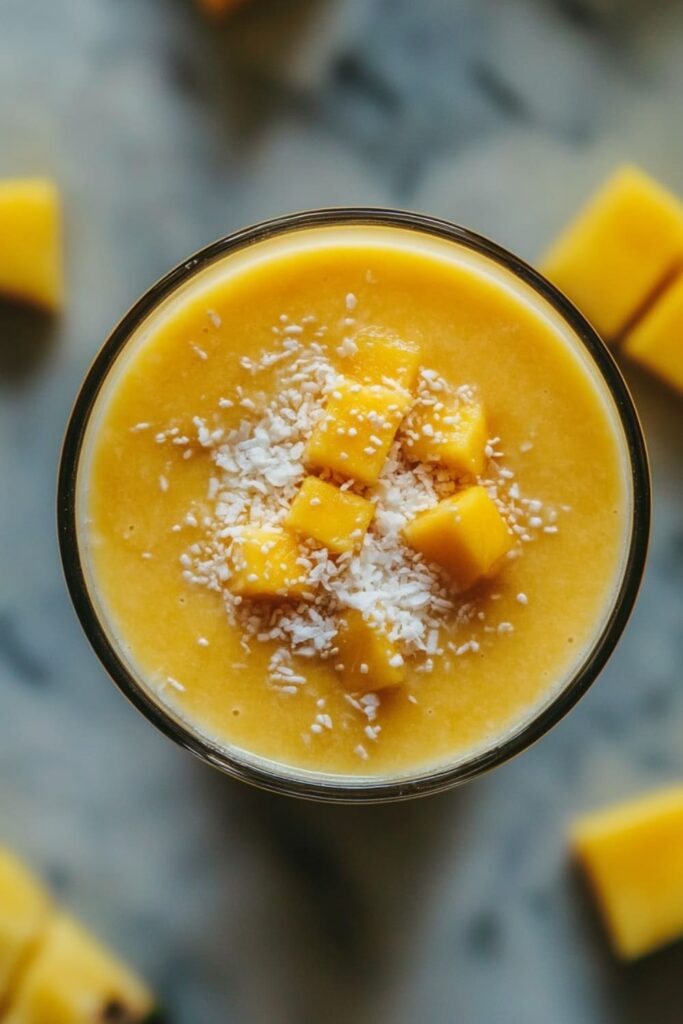 Refreshing mango smoothie, topped with fresh mango cubes and shredded coconut, highlighting a tropical and vibrant blend, with a soft focus on scattered mango pieces in the background.