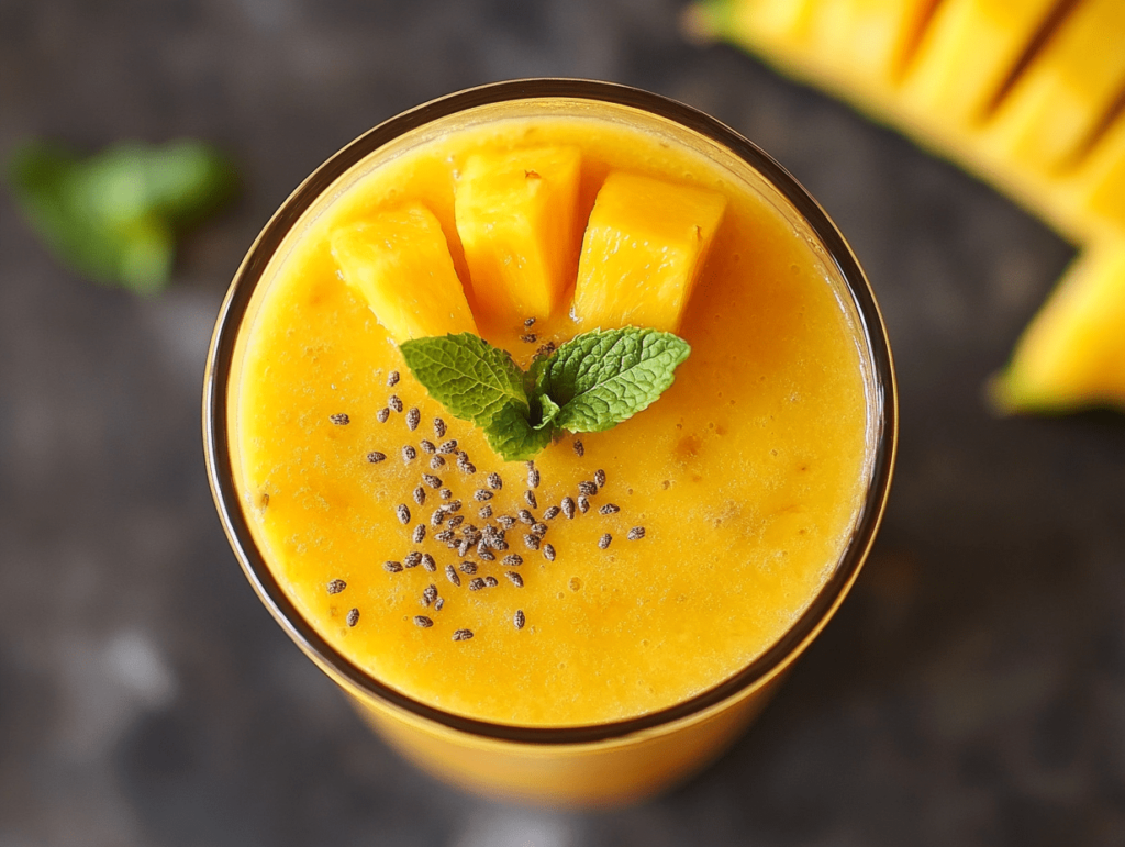 Creamy mango pineapple smoothie recipe topped with fresh pineapple chunks, chia seeds, and mint leaves, creating a vibrant and healthy tropical drink.