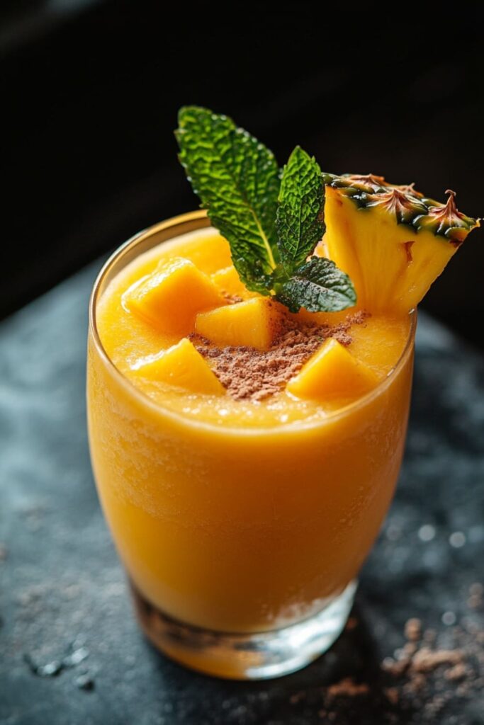 Vibrant mango pineapple smoothie recipe served in a glass, topped with fresh pineapple chunks, mint leaves, and a sprinkle of cocoa powder for a tropical, refreshing treat.