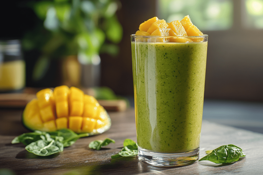 A glass of vibrant Mango Spinach Smoothie topped with fresh mango chunks, placed on a wooden table next to sliced mango and spinach leaves, capturing the healthy and refreshing essence of this tropical green smoothie.