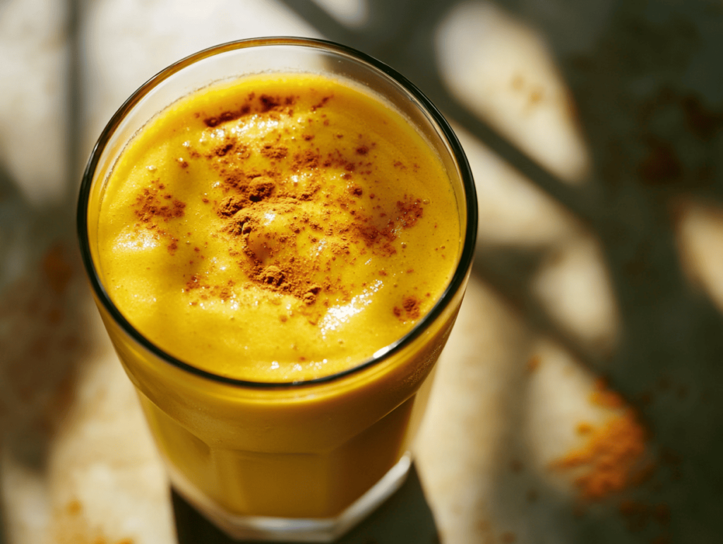 A glass of thick, creamy Mango Turmeric Smoothie with a vibrant golden color, topped with a light dusting of turmeric powder. The smoothie is captured in natural sunlight, showcasing its rich and refreshing appearance, perfect for a healthy, anti-inflammatory drink.