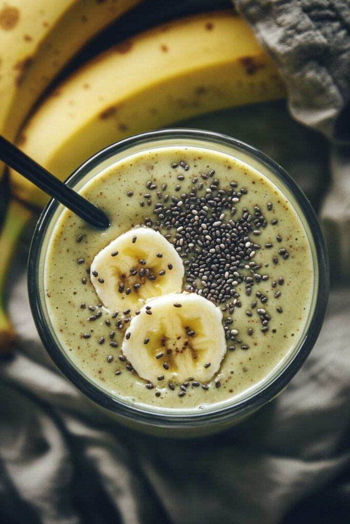 Top-down view of a creamy matcha green tea smoothie in a glass, topped with banana slices and a sprinkle of chia seeds. The smoothie has a light green color, showcasing the vibrant matcha powder blended with bananas. A black straw is inserted, ready for sipping, with ripe bananas visible in the background, emphasizing the fresh, wholesome ingredients used in this energizing plant-based breakfast smoothie recipe.