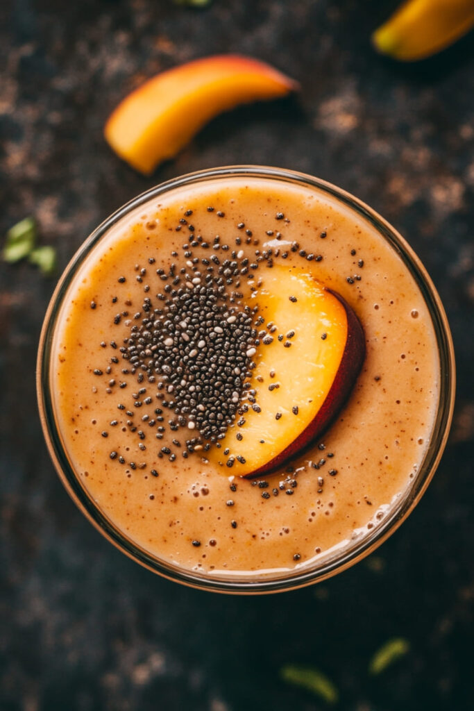 Top-down view of a creamy peach smoothie in a glass, garnished with a slice of fresh peach and a sprinkle of chia seeds. The smoothie has a smooth, peachy-orange hue, reflecting the ripe, juicy peaches used in the blend. The chia seeds add a touch of texture and a boost of nutrients, making this plant-based breakfast smoothie both refreshing and nourishing.