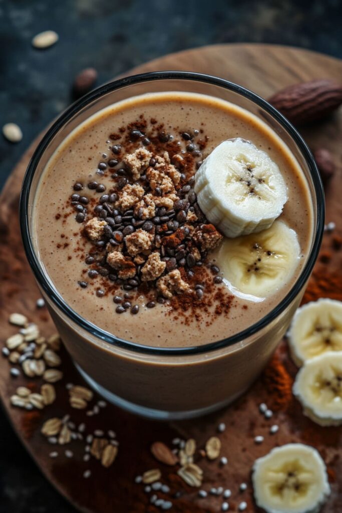 Rich and creamy peanut butter and banana smoothie topped with chia seeds, granola, and banana slices, offering a delicious and filling breakfast option perfect for weight loss.