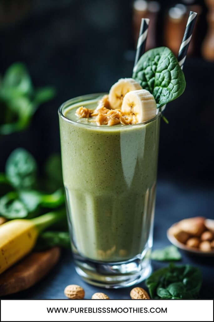 A glass of peanut butter banana spinach smoothie for weight loss, topped with banana slices, a spinach leaf, and a drizzle of peanut butter. The creamy green smoothie is part of a delicious range of peanut butter smoothies for weight loss, surrounded by fresh spinach leaves, banana, and peanuts.