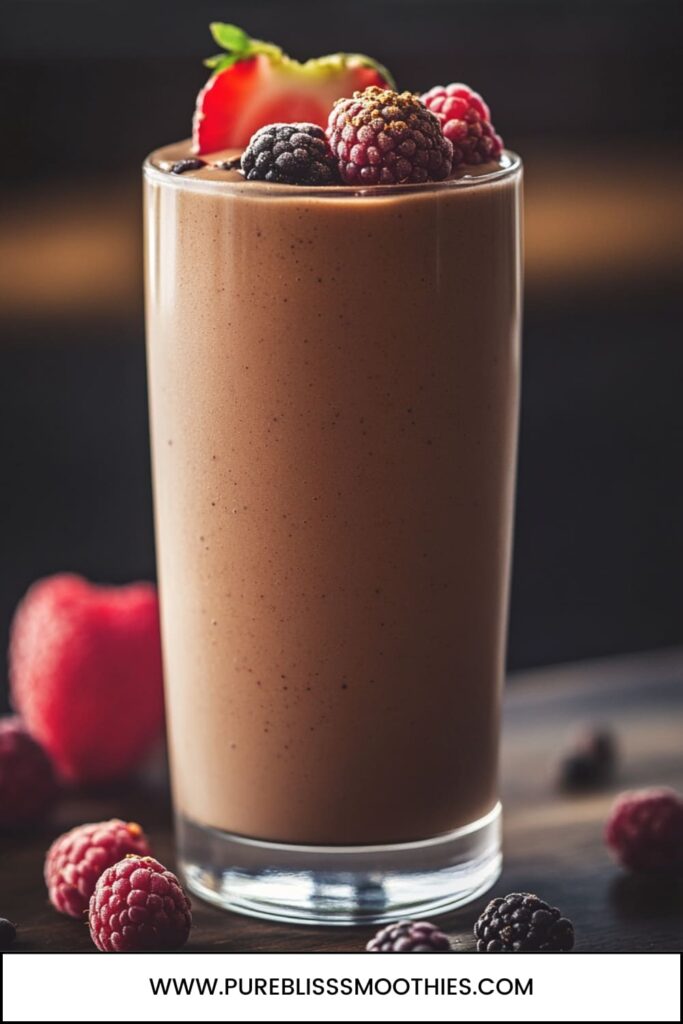 A vibrant peanut butter berry smoothie topped with fresh berries, including raspberries and blackberries, served in a tall glass. The smoothie has a rich, creamy texture and is surrounded by more berries, making it a delicious and antioxidant-packed smoothie. Perfect as a refreshing and healthy snack or meal replacement.