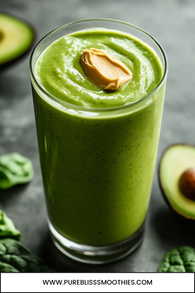 A vibrant peanut butter and green smoothie for weight loss, topped with a dollop of creamy peanut butter. The smoothie has a smooth, bright green texture, made with spinach and avocado, perfect for a healthy, nutrient-rich option. Surrounded by fresh avocado and spinach leaves, this peanut butter smoothie for weight loss is both refreshing and satisfying.