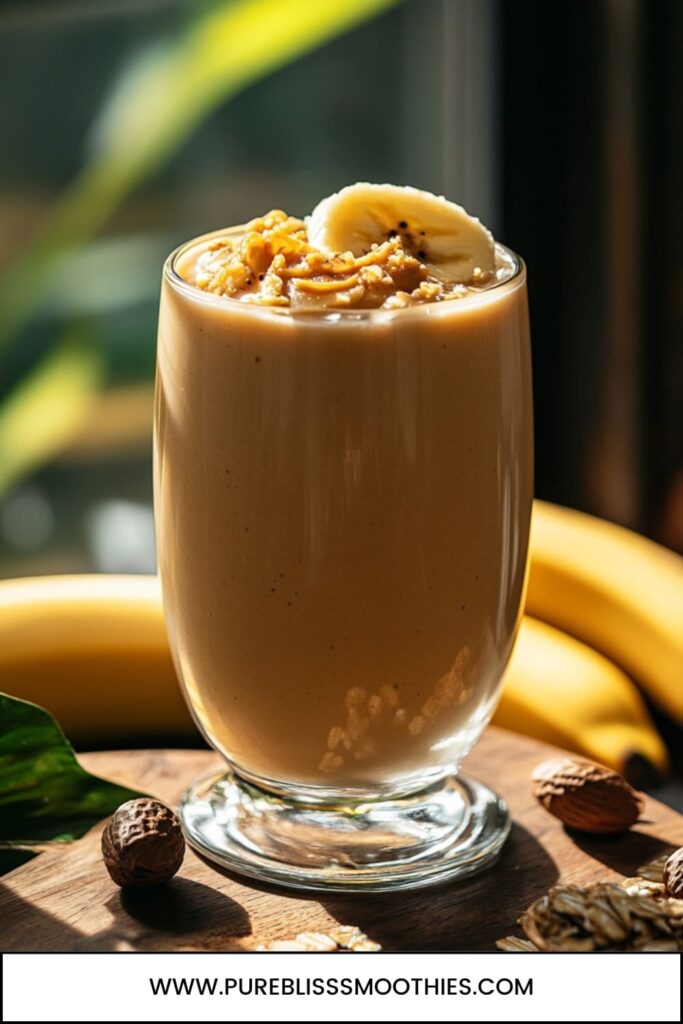 A glass of creamy peanut butter oatmeal smoothie, topped with banana slices and a sprinkle of oats and peanut butter. This peanut butter smoothie for weight loss is rich and filling, perfect for a healthy, nutrient-packed breakfast. Surrounded by fresh bananas, oats, and nuts, it’s a satisfying and delicious weight loss option.