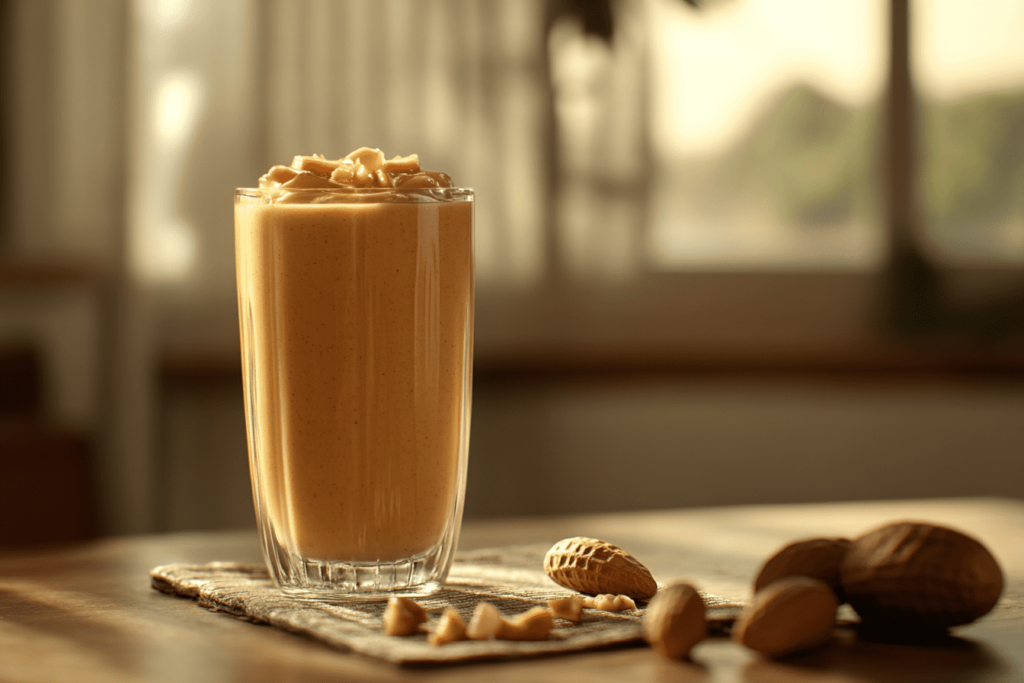 A creamy peanut butter smoothie topped with chopped peanuts, served in a tall glass. The smoothie is rich in texture, surrounded by whole peanuts and set in a cozy, sunlit room. This peanut butter smoothie for weight loss is both satisfying and packed with protein, making it a delicious and healthy option for weight loss.