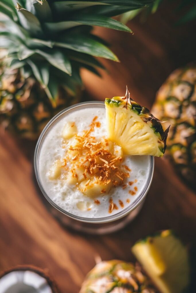 Tropical pineapple coconut smoothie from sweet smoothie recipes, topped with toasted coconut flakes and fresh pineapple chunks, garnished with a pineapple slice, offering a refreshing and creamy blend with whole pineapples in the background.