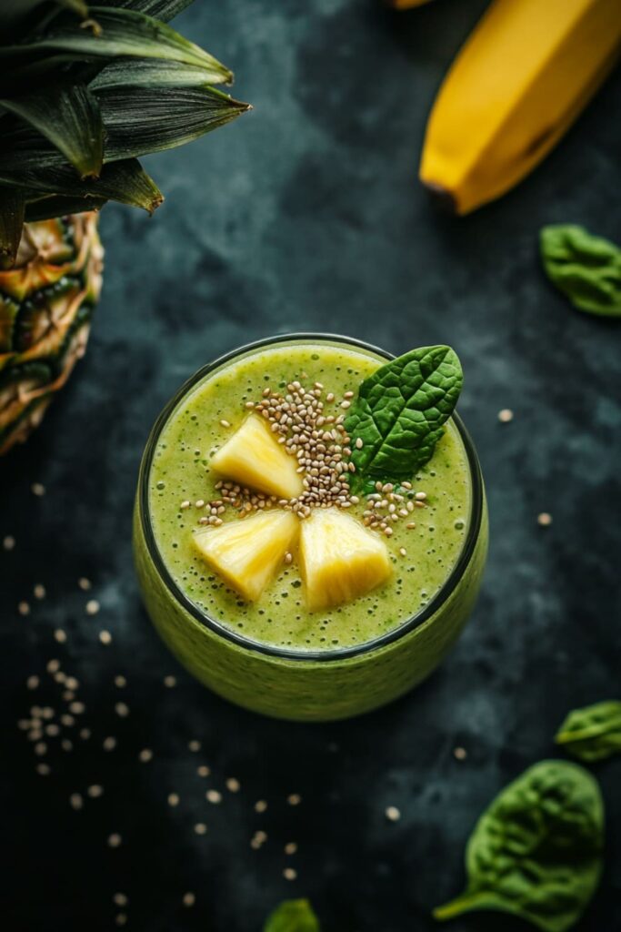 Top-down view of a refreshing green smoothie in a glass, garnished with pineapple chunks, chia seeds, and a fresh spinach leaf. 