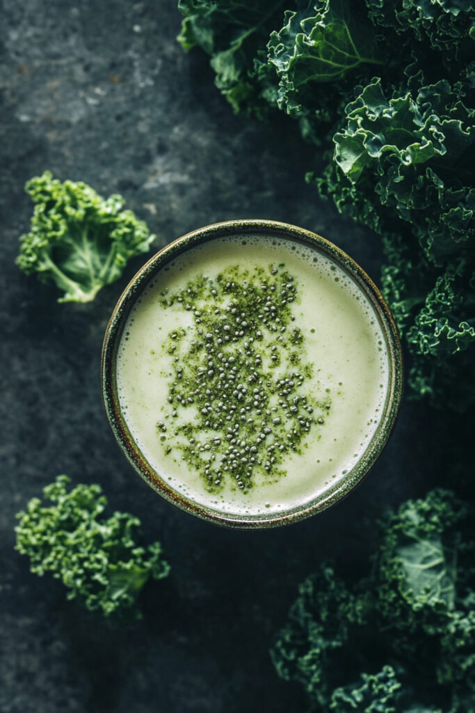 Top view of a creamy, protein-packed green smoothie topped with chia seeds and green powder, surrounded by fresh kale leaves. The smoothie’s rich, green color and healthy ingredients make it a perfect choice for a nutritious drink, ideal for boosting energy and staying full longer.