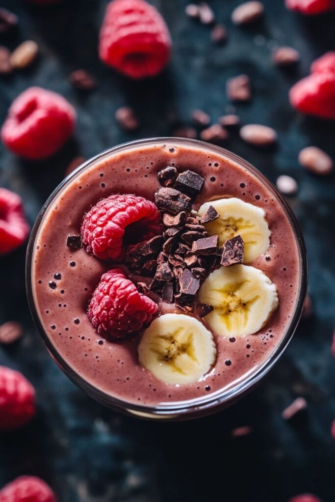 Top-down view of a rich raspberry chocolate smoothie in a glass, topped with fresh raspberries, banana slices, and chunks of dark chocolate. The smoothie has a deep, velvety color, reflecting the blend of raspberries and chocolate. Scattered raspberries and cacao nibs surround the glass, highlighting the indulgent yet healthy ingredients in this delicious plant-based breakfast smoothie.