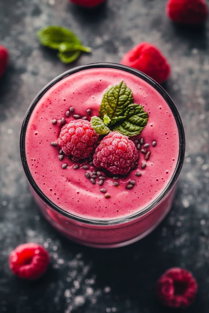 Vibrant Raspberry Vanilla Bean Smoothie Topped with Fresh Raspberries, Chia Seeds, and Mint – A Sweet and Creamy Vegan Smoothie Recipe Perfect for a Refreshing Treat