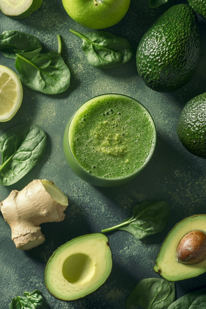 Top view of a vibrant green smoothie in a glass, surrounded by fresh ingredients including avocado halves, a green apple, spinach leaves, lemon slices, and a piece of fresh ginger. The smoothie has a smooth and frothy texture, indicating a creamy blend of the healthy ingredients. The arrangement of the fresh produce highlights the natural, nutrient-rich components that make up this spicy green apple smoothie, perfect for a refreshing and invigorating low sugar vegan drink.