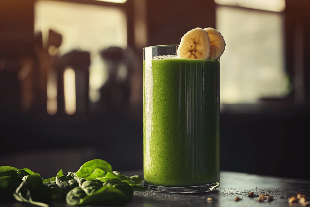 Fresh Spinach Apple Banana Smoothie in a tall glass, garnished with banana slices, with spinach leaves on the side. A vibrant and healthy drink, perfect for a nutritious boost.