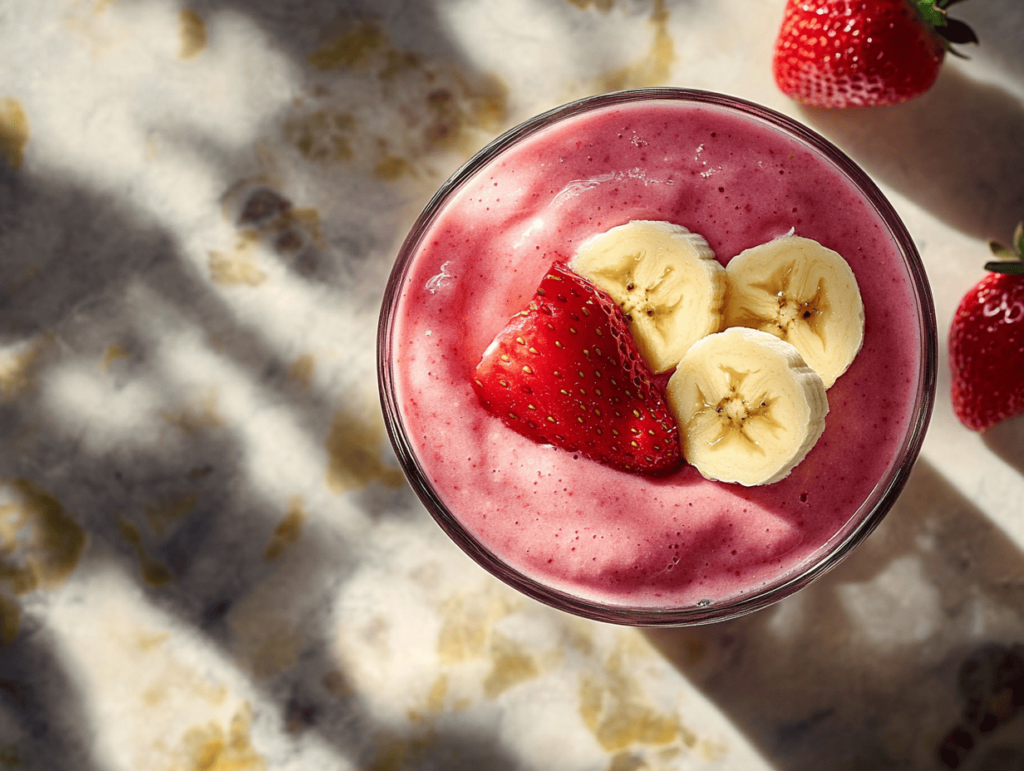 A creamy and refreshing strawberry banana avocado smoothie topped with fresh banana slices and a juicy strawberry. The bright pink smoothie sits in a glass, catching the sunlight, with whole strawberries nearby, showcasing a simple and healthy treat.