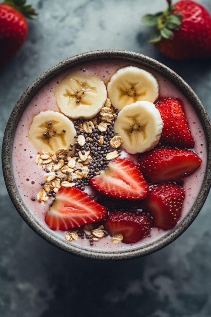 Fresh and vibrant strawberry banana smoothie bowl, topped with sliced bananas, strawberries, oats, and chia seeds, offering a healthy and colorful breakfast option with a creamy, nutrient-packed base.