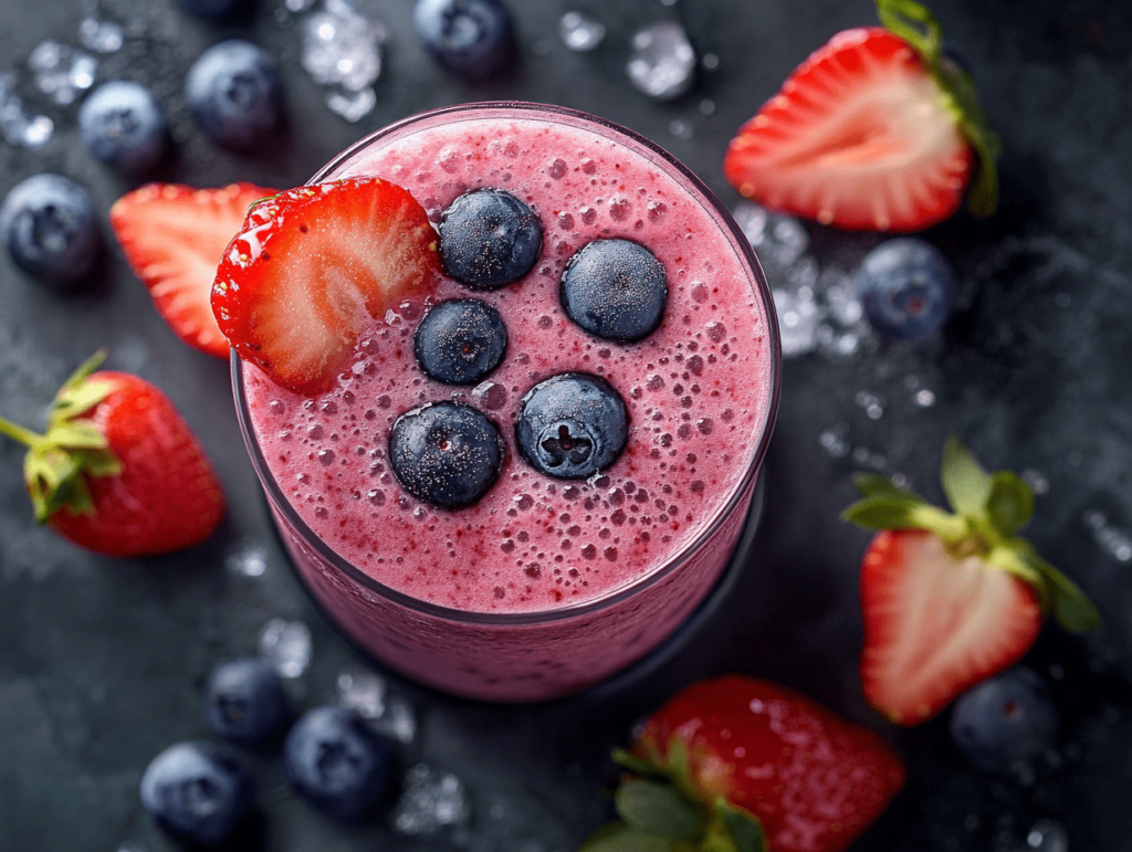 Close-up of a refreshing strawberry blueberry smoothie topped with fresh blueberries and a sliced strawberry, surrounded by scattered whole strawberries, blueberries, and ice, creating a vibrant and inviting look.
