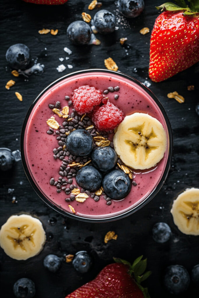 Overhead shot of a vibrant strawberry blueberry smoothie bowl topped with fresh blueberries, raspberries, banana slices, chia seeds, and granola. This colorful creation showcases a healthy twist on a classic strawberry blueberry smoothie recipe with added nutritious toppings.