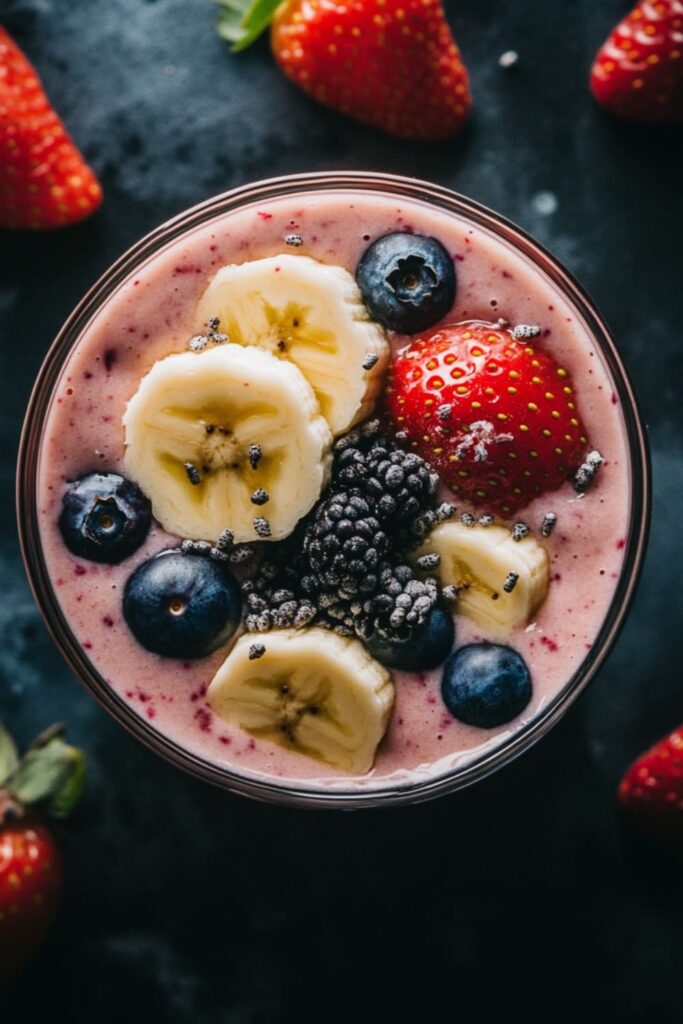 Top view of a creamy strawberry blueberry smoothie topped with fresh banana slices, blueberries, strawberries, blackberries, and chia seeds. This vibrant smoothie bowl adds a healthy twist to the classic strawberry blueberry smoothie recipe with colorful, nutritious toppings.
