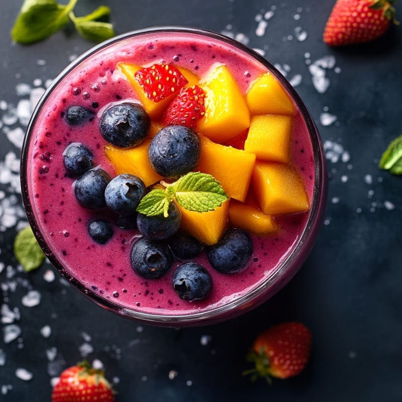 Overhead view of a vibrant strawberry mango blueberry smoothie topped with fresh blueberries, mango chunks, strawberries, and mint leaves on a dark surface.