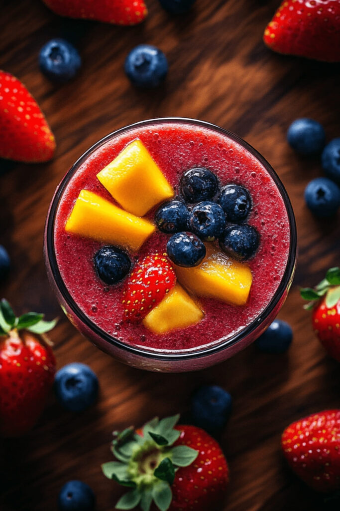 Bright and colorful strawberry mango blueberry smoothie topped with fresh mango chunks, blueberries, and a strawberry slice, surrounded by scattered whole strawberries and blueberries on a wooden surface.