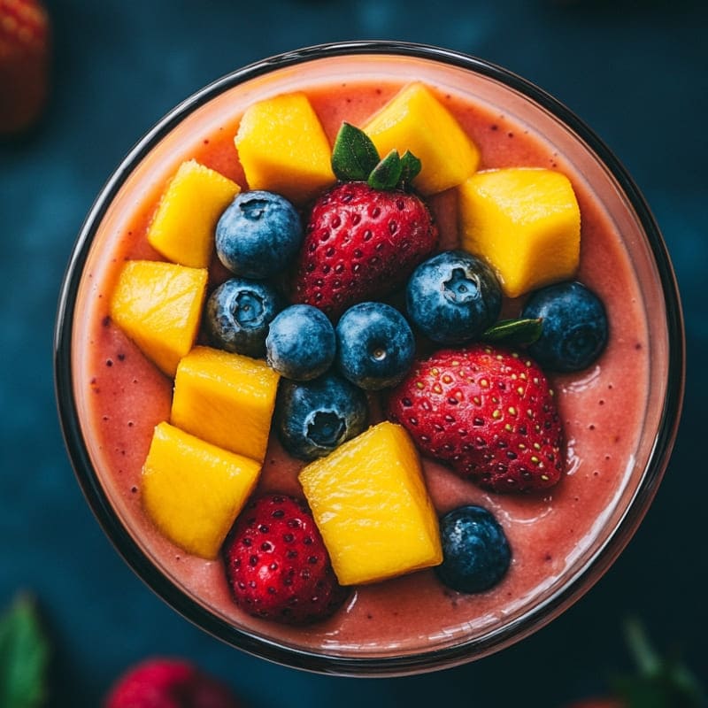 Top view of a strawberry mango blueberry smoothie topped with fresh whole strawberries, blueberries, and mango chunks in a glass on a dark blue background.