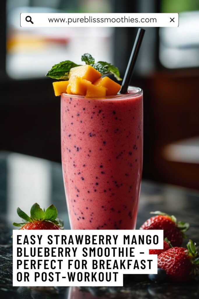 Tall glass of strawberry mango blueberry smoothie topped with fresh mango cubes and mint, with a straw, surrounded by strawberries on a dark surface. Text overlay reads āEasy Strawberry Mango Blueberry Smoothie ā Perfect for Breakfast or Post-Workout.ā