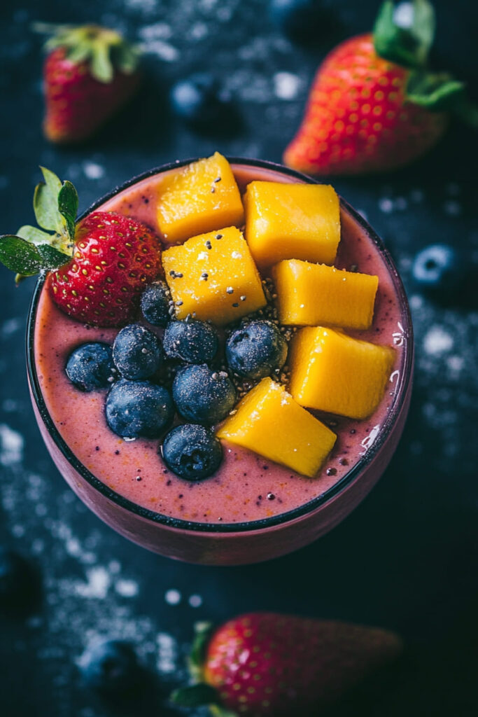 Vibrant strawberry mango blueberry smoothie topped with fresh blueberries, mango chunks, and a whole strawberry, sprinkled with chia seeds, set against a dark background with scattered strawberries and blueberries.