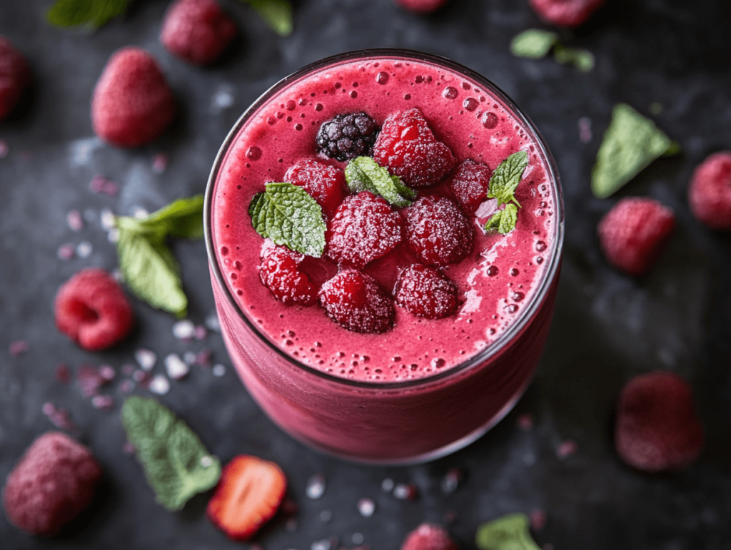 Delicious raspberry smoothie from sweet smoothie recipes, topped with fresh raspberries and mint leaves, served in a glass against a dark background with scattered berries and mint, showcasing a refreshing and healthy treat.