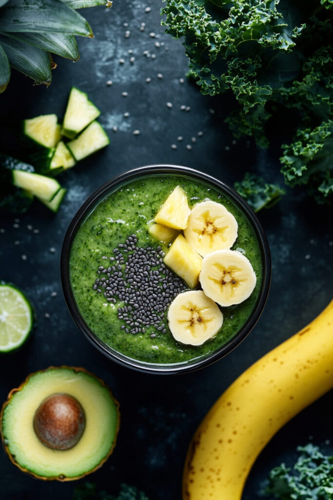 Top view of a vibrant green smoothie bowl, garnished with sliced banana, pineapple chunks, and a sprinkle of chia seeds. The smoothie has a thick, creamy texture, and the toppings add a pop of color and texture. Surrounding the bowl are fresh ingredients including kale, an avocado half, a banana, lime slices, and chunks of pineapple, highlighting the fresh, tropical flavors in the smoothie. The overall scene evokes a healthy, nourishing, and refreshing meal, perfect for those enjoying a low sugar vegan smoothie.