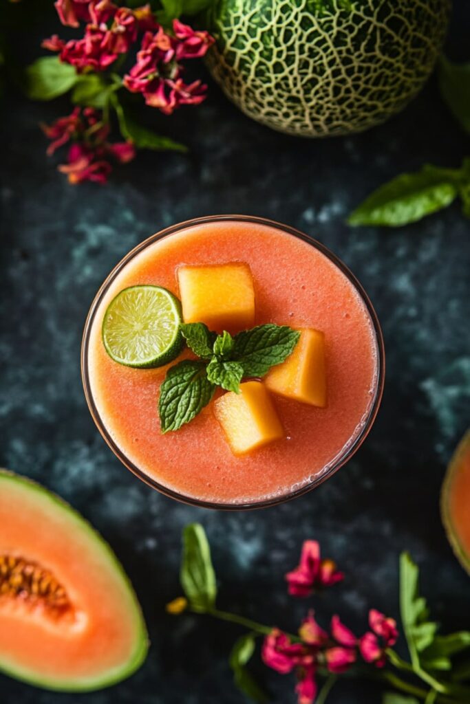 Top view of a refreshing tropical melon smoothie, topped with cubes of cantaloupe, a slice of lime, and a sprig of fresh mint. The vibrant orange hue of the smoothie contrasts beautifully with the green accents, surrounded by a halved cantaloupe, floral decorations, and whole melons, creating an inviting, summery scene perfect for a healthy, low-calorie treat.