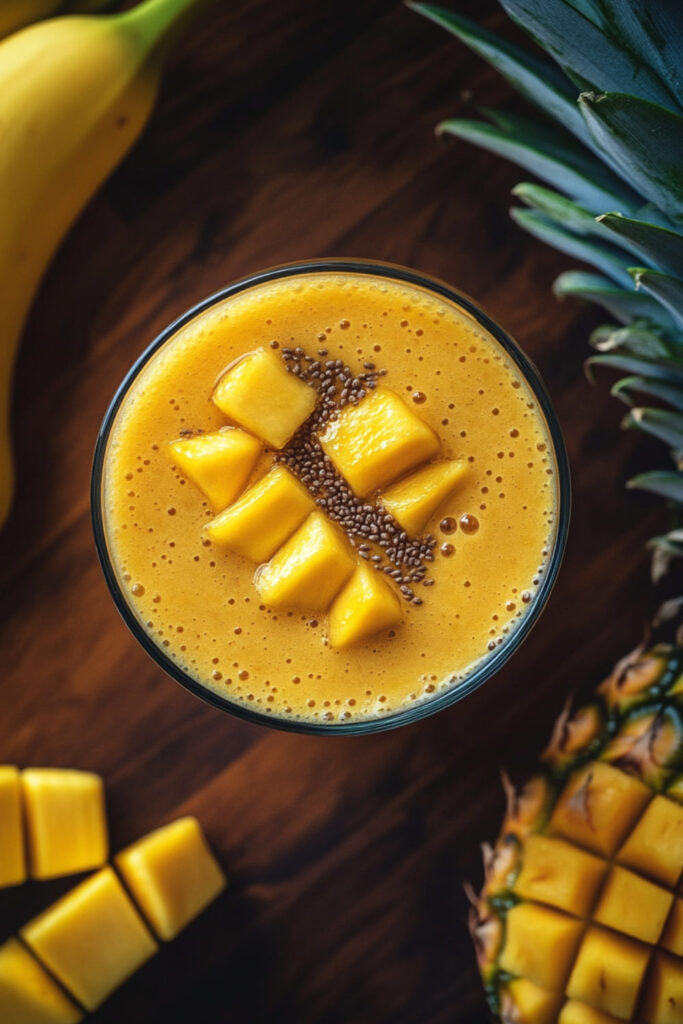 Bright and Creamy Tropical Paradise Smoothie Featuring Fresh Mango Chunks, Pineapple, and Chia Seeds – A Deliciously Refreshing Recipe that Brings the Taste of the Tropics to Your Glass