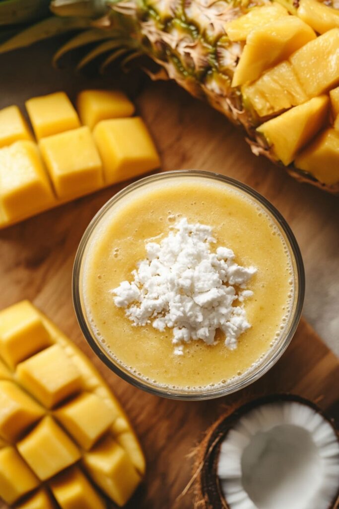 Bright and creamy tropical smoothie topped with coconut flakes, surrounded by fresh pineapple and mango chunks, perfect for a protein-packed, breakfast smoothie for weight loss.