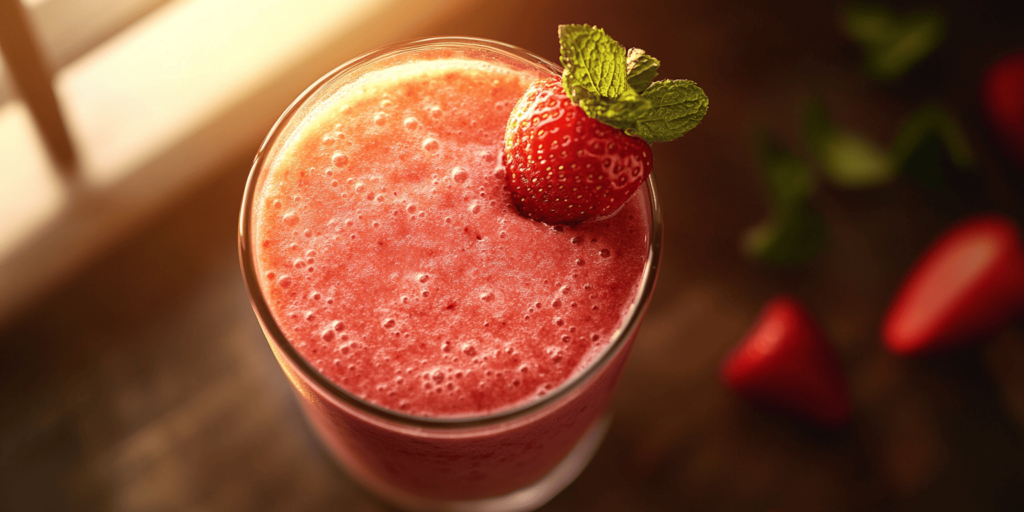 A vibrant, very low-calorie strawberry smoothie topped with a fresh strawberry and mint leaf, bathed in warm sunlight. The rich red color of the smoothie is complemented by scattered strawberries and mint leaves in the background, creating an inviting and healthy scene.