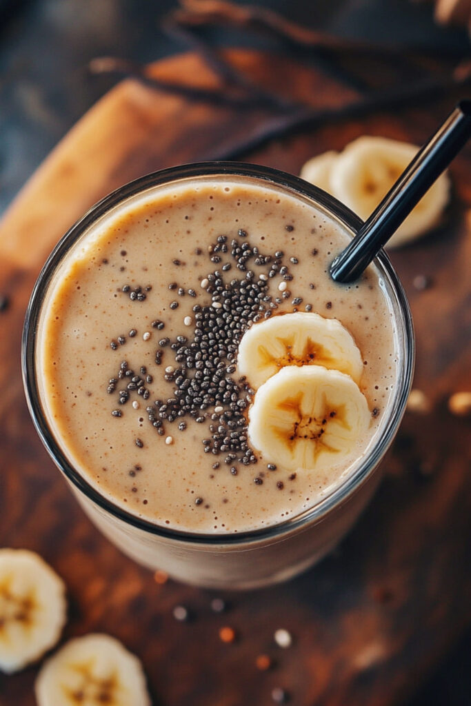 Top-down view of a creamy vanilla smoothie in a glass, topped with chia seeds and banana slices. The smoothie has a smooth, light beige color, highlighting the rich vanilla flavor. A black straw is ready for sipping, and the wooden background adds a warm, cozy feel. 