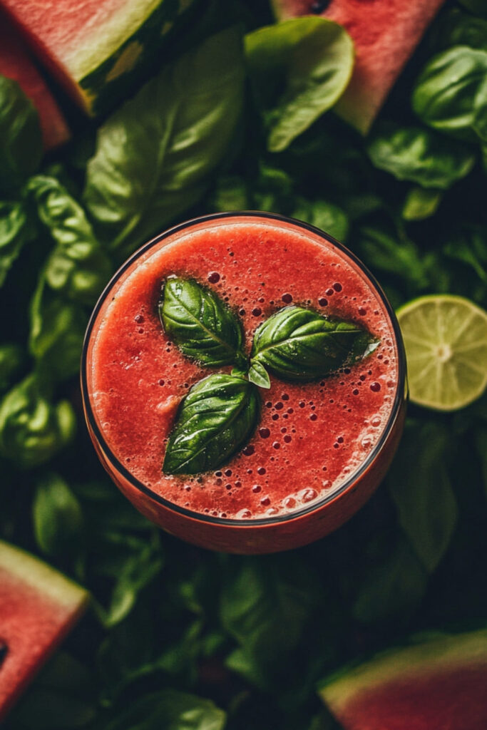 Top view of a refreshing watermelon basil smoothie, garnished with fresh basil leaves. The deep red color of the smoothie contrasts beautifully with the surrounding green basil leaves and watermelon slices, creating a vibrant, hydrating drink perfect for a summer day.