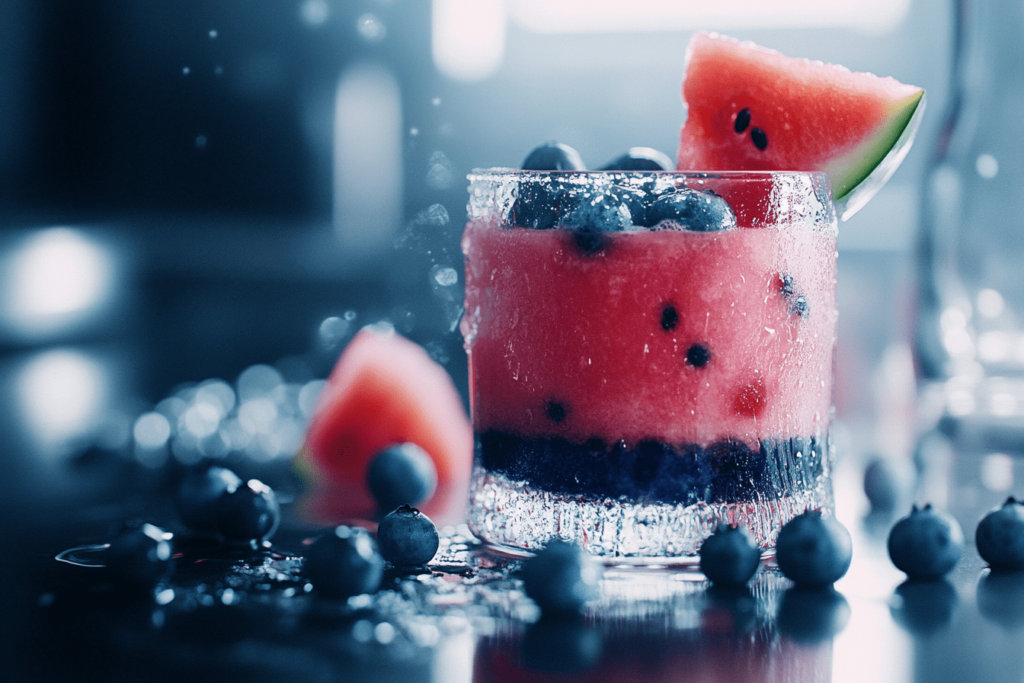 Close-up of a refreshing watermelon blueberry smoothie served in a frosty glass, garnished with a slice of watermelon and topped with fresh blueberries. The layered vibrant red of watermelon and deep blue of blueberries highlight the smoothie’s refreshing, hydrating, and antioxidant-rich qualities, perfect for a healthy, fruity treat.